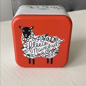 Fossil Red Holiday Tin with Sheep Design Fleece Navidad Christmas Lights Box New